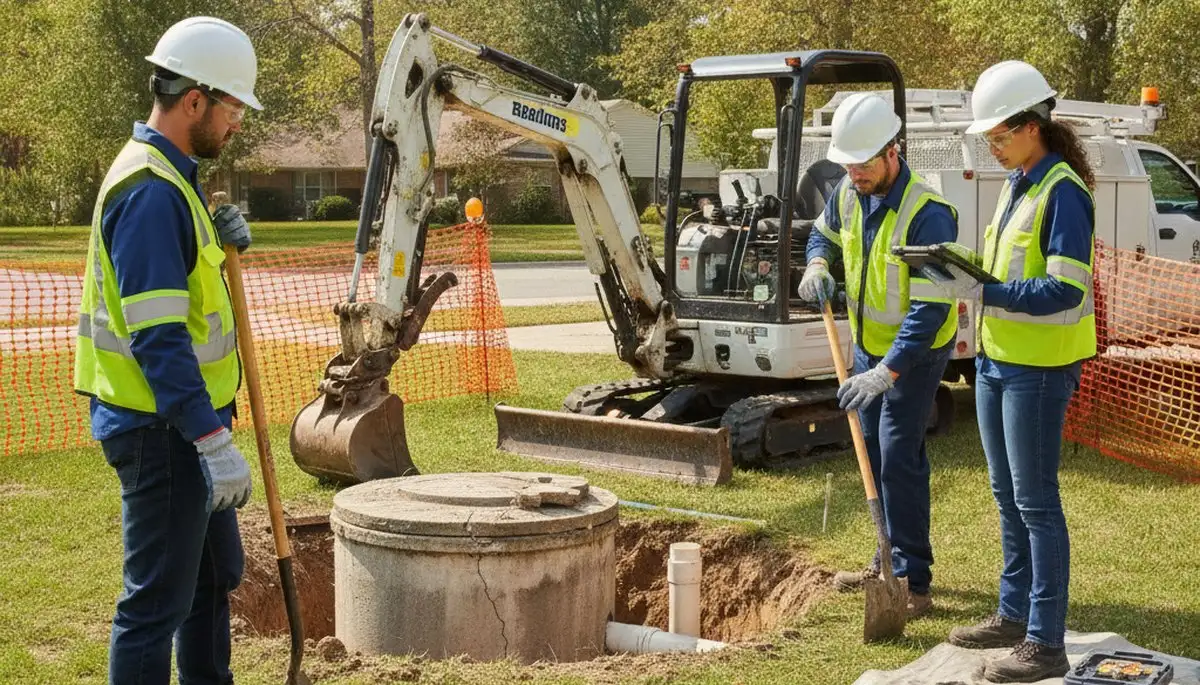 Cleveland, OH plumbers inspecting septic repair for a home with service equipment and worksite setup