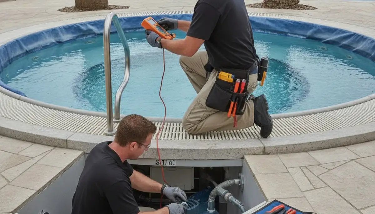 Spa repair technician servicing a Cleveland, OH home spa plumbing connection for leak and wear issues